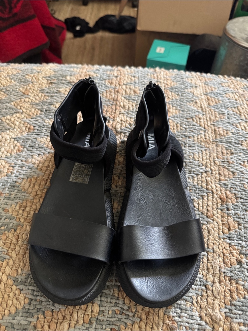 MIA Black Strappy Ankle-Zip Platform Sandals